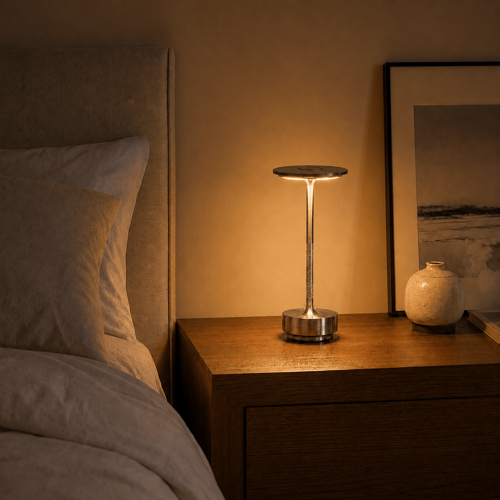 Rise-Light Kabellose LED-Tischleuchte, dimmbar, moderne Metall-Tischleuchte