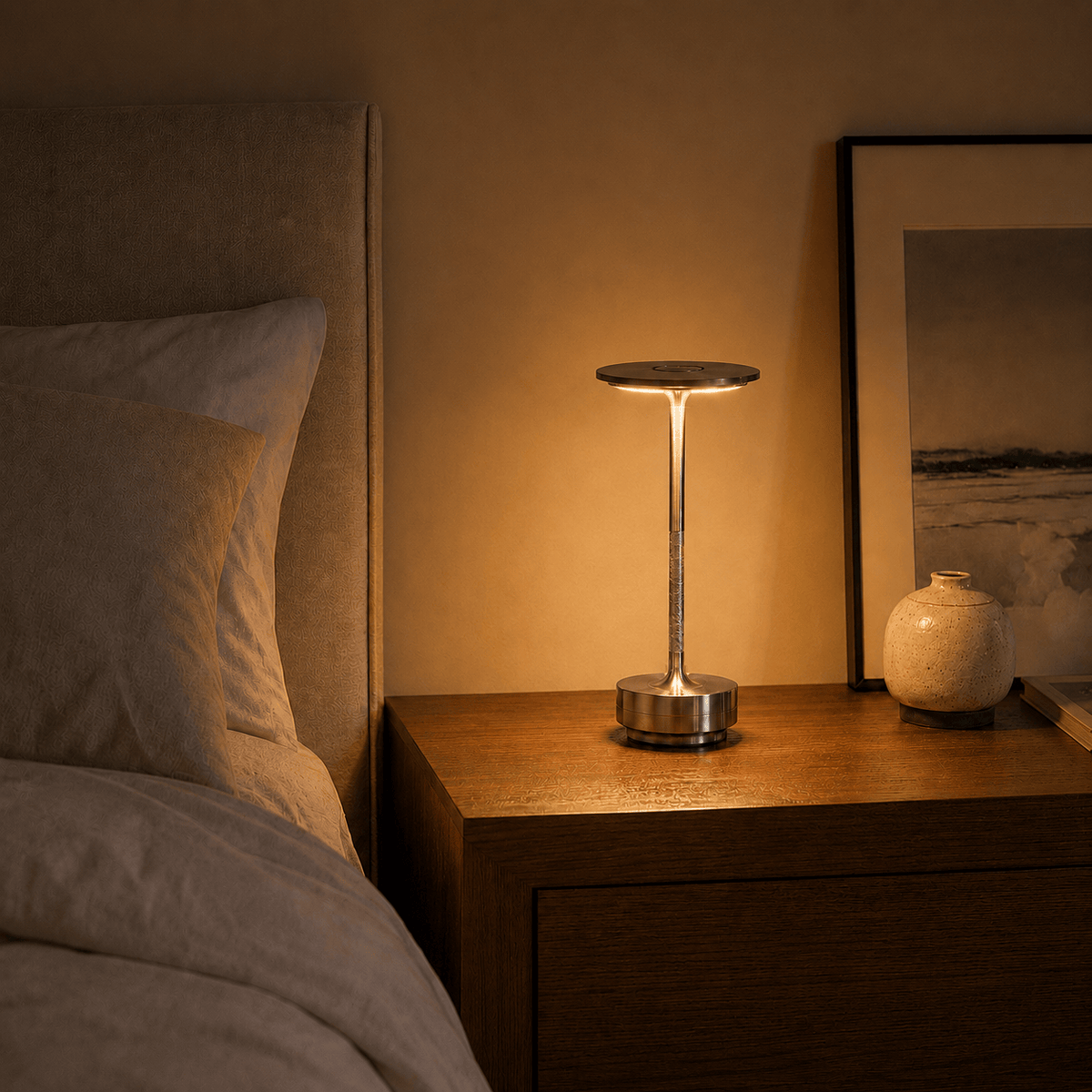 Rise-Light Kabellose LED-Tischleuchte, dimmbar, moderne Metall-Tischleuchte