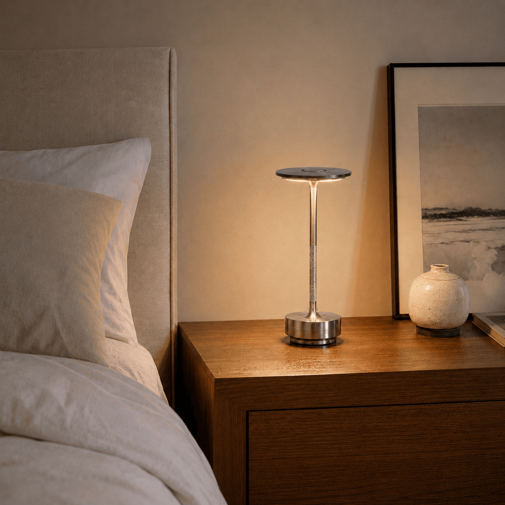 Rise-Light Kabellose LED-Tischleuchte, dimmbar, moderne Metall-Tischleuchte