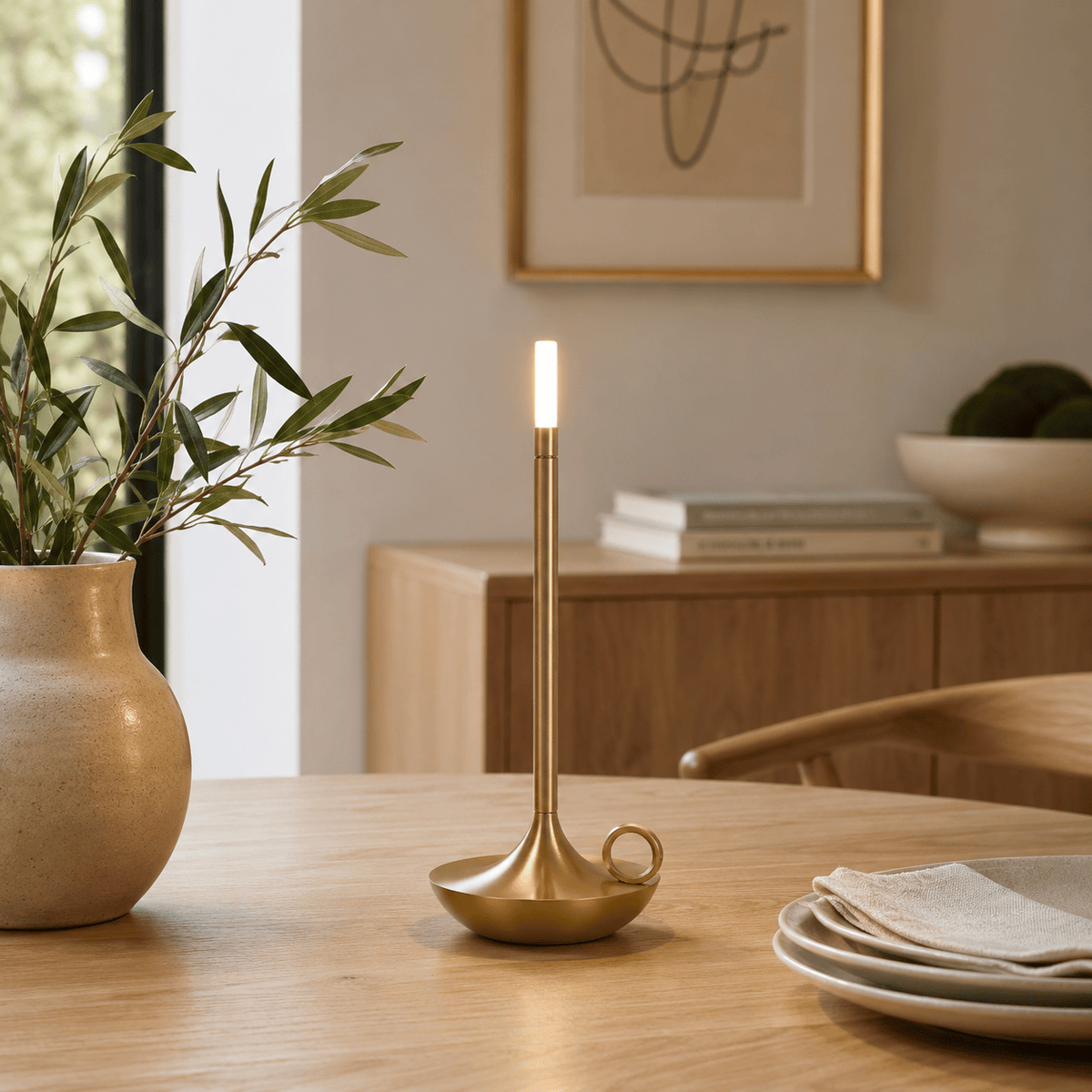 Rise-Light Kabellose LED Tischlampe dimmbar, Skandinavische Kerzenhalter Lampe