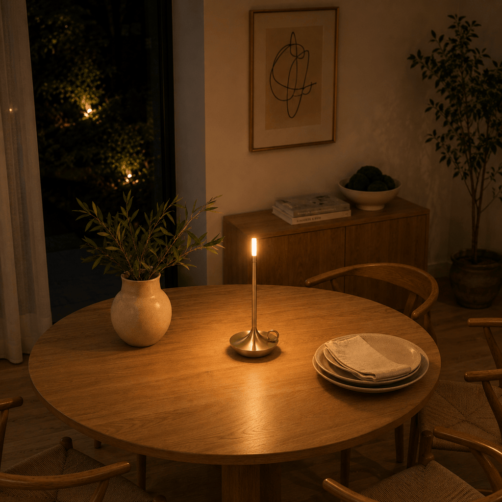 Rise-Light Kabellose LED Tischlampe dimmbar, Skandinavische Kerzenhalter Lampe
