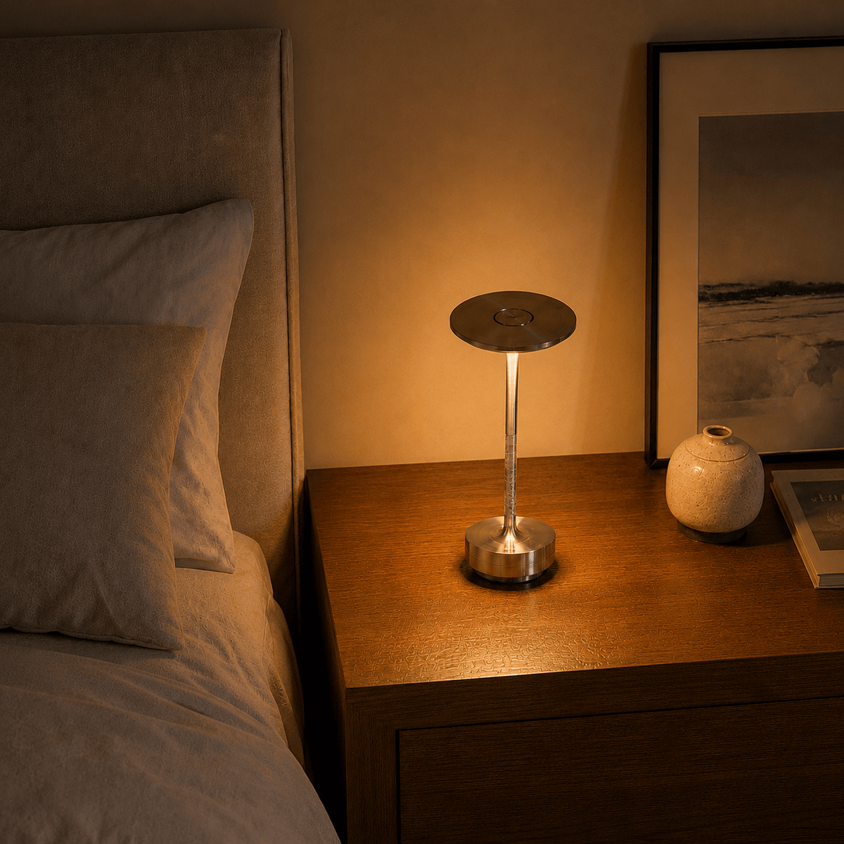 Rise-Light Kabellose LED-Tischleuchte, dimmbar, moderne Metall-Tischleuchte