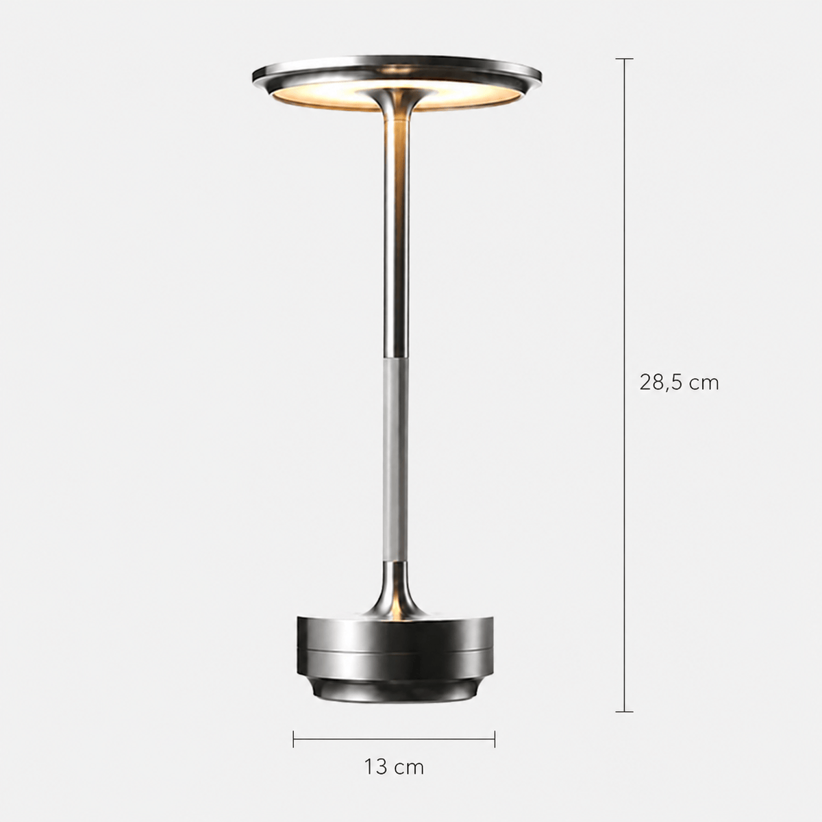 Rise-Light Silber Kabellose LED-Tischleuchte, dimmbar, moderne Metall-Tischleuchte