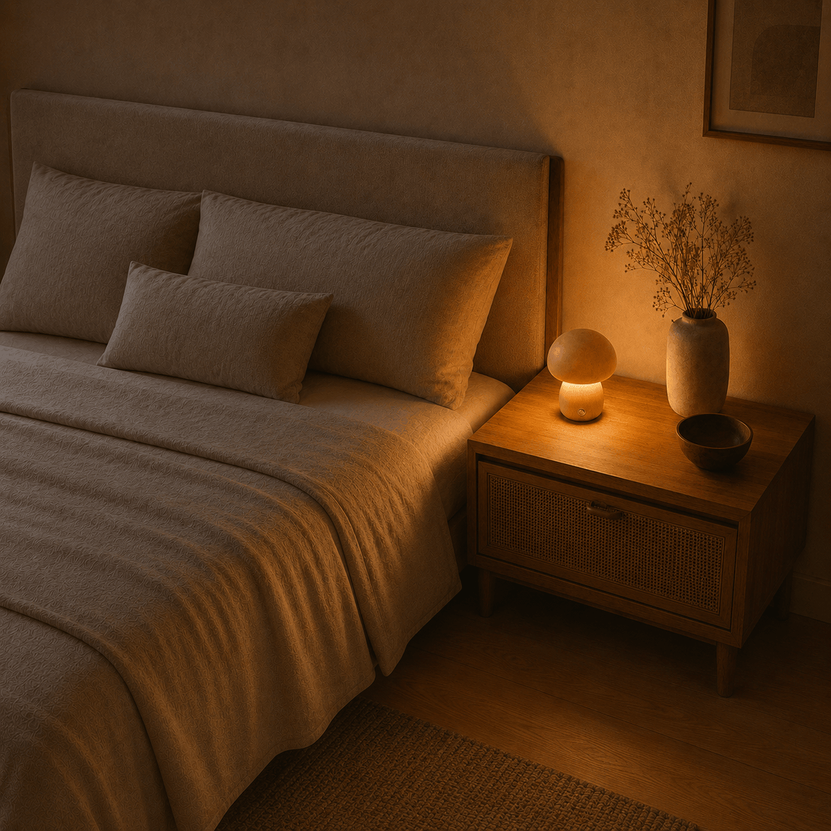 Rise-Light LED Pilz Tischlampe Holz, Dimmbar, Kabellos, Akku, USB
