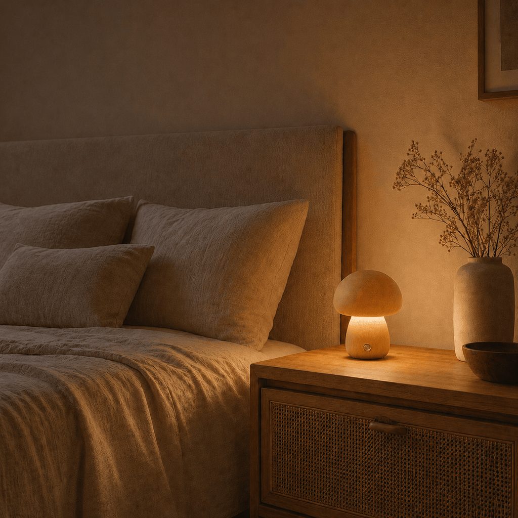 Rise-Light LED Pilz Tischlampe Holz, Dimmbar, Kabellos, Akku, USB