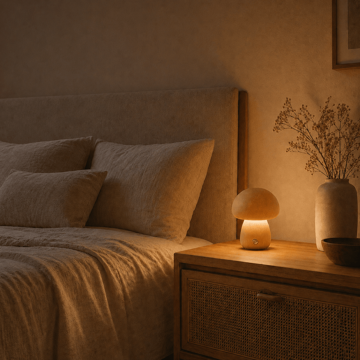 Rise-Light LED Pilz Tischlampe Holz, Dimmbar, Kabellos, Akku, USB