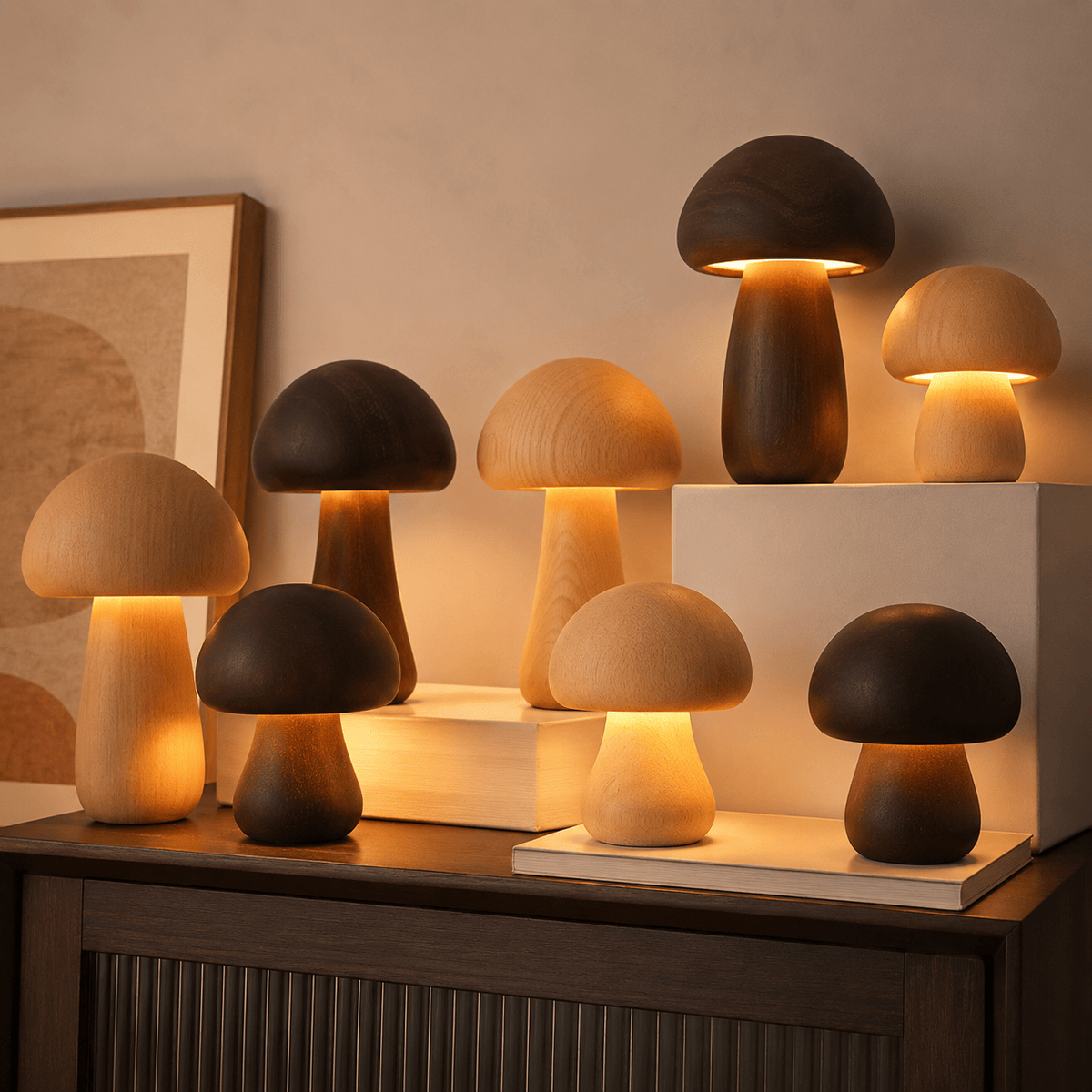 Rise-Light LED Pilz Tischlampe Holz, Dimmbar, Kabellos, Akku, USB