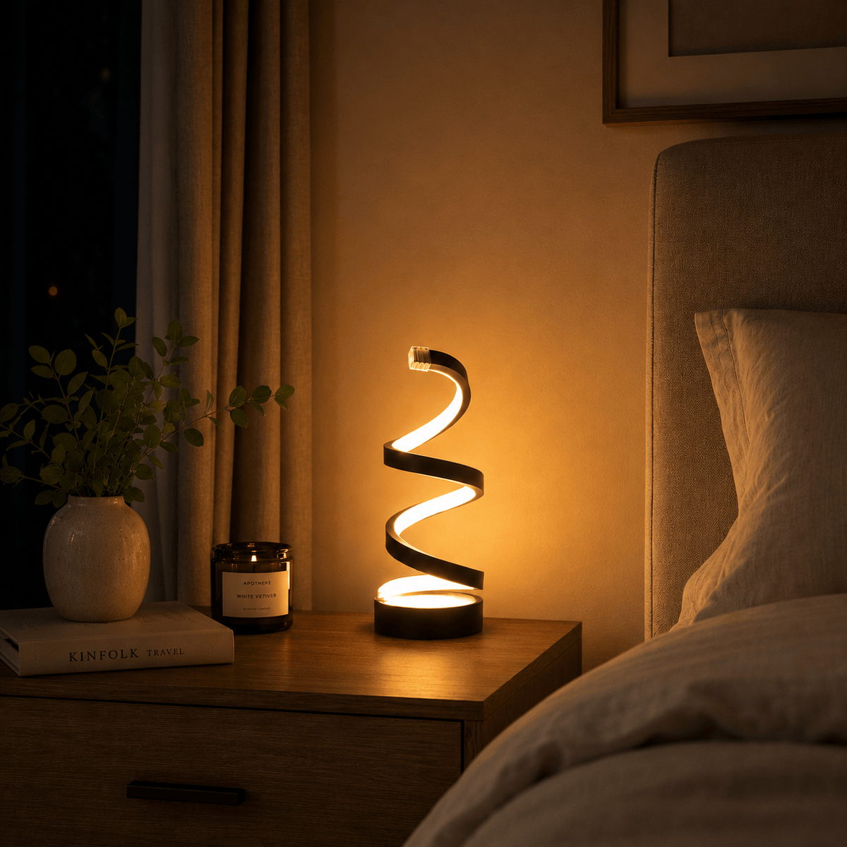Rise-Light Schwarz LED Tischlampe Spiral Design, Dimmbar, 3 Lichtfarben, USB oder Akku