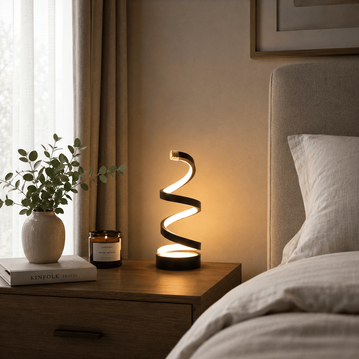 Rise-Light Schwarz LED Tischlampe Spiral Design, Dimmbar, 3 Lichtfarben, USB oder Akku